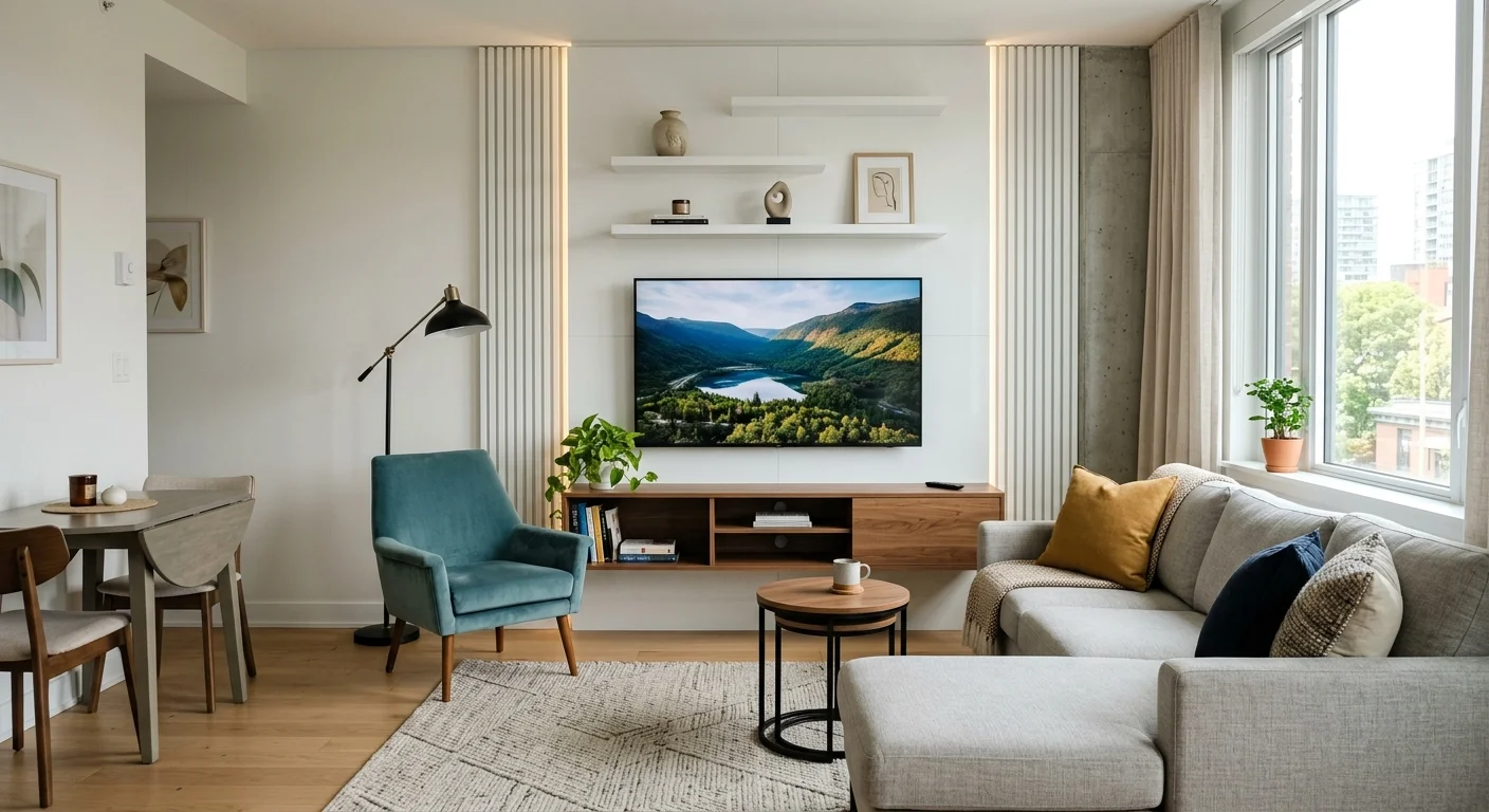 Small modern living room with slim media wall, floating storage, wall-mounted TV, and space-saving furniture.