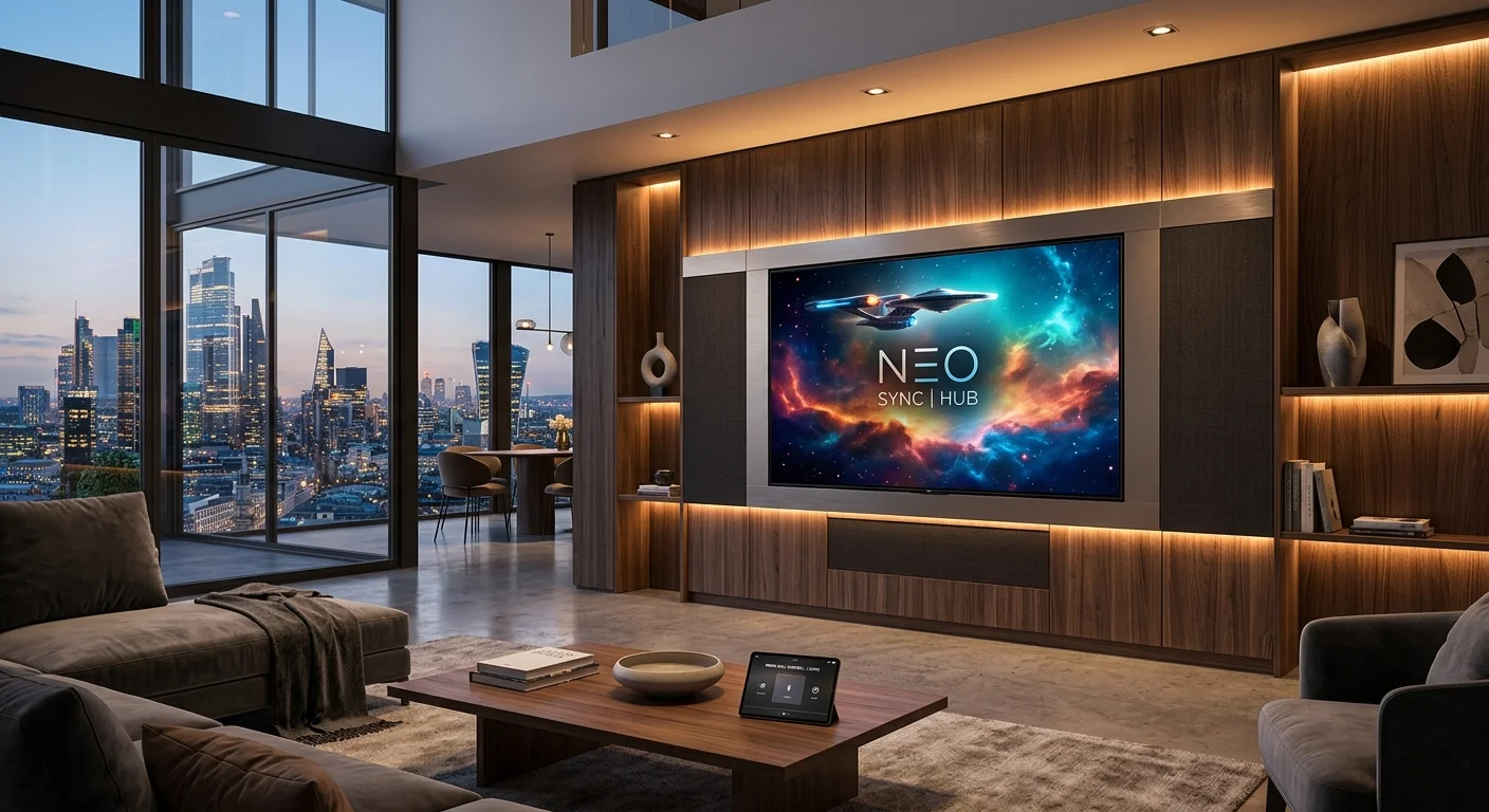Futuristic smart media wall with hidden speakers, smart lighting, large TV, and modern luxury interior.