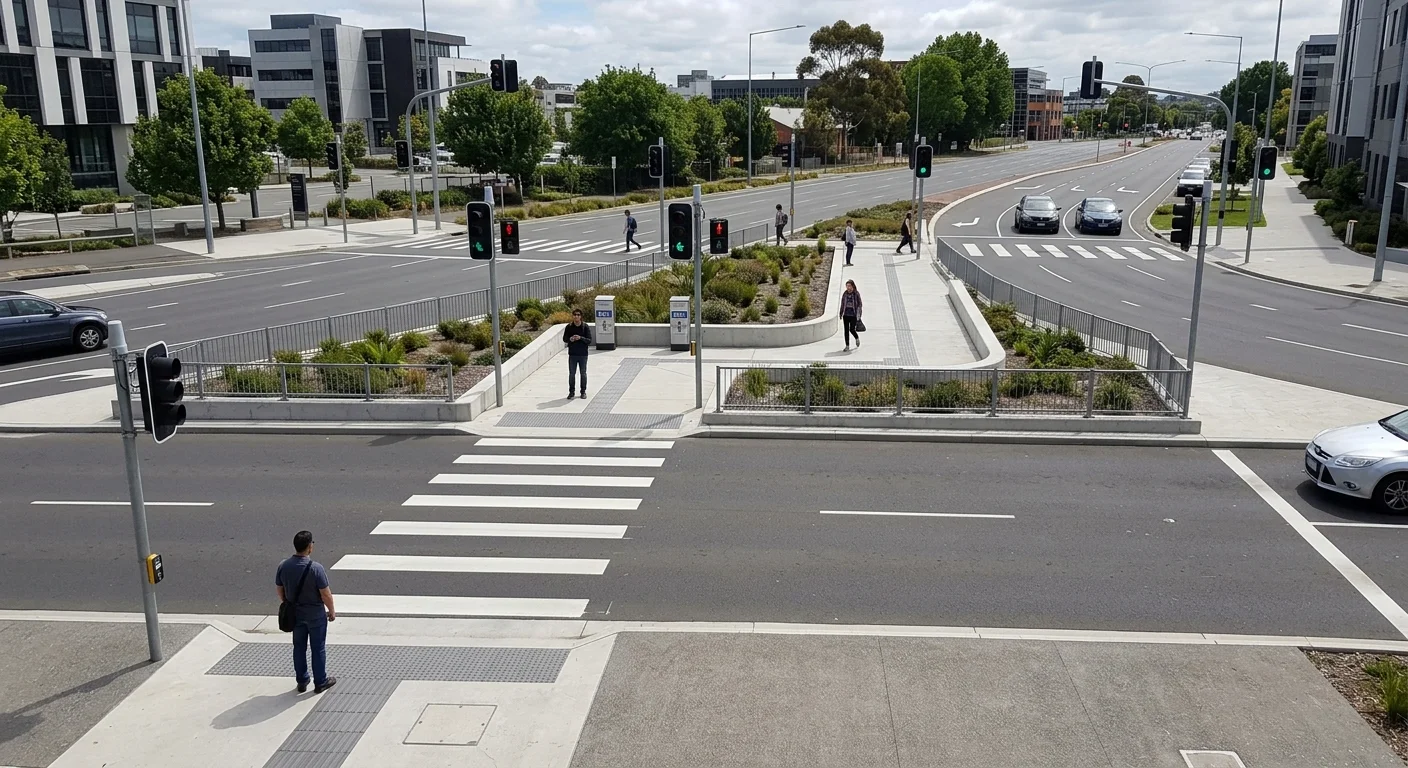 Staggered pedestrian crossing with central island on a UK road.