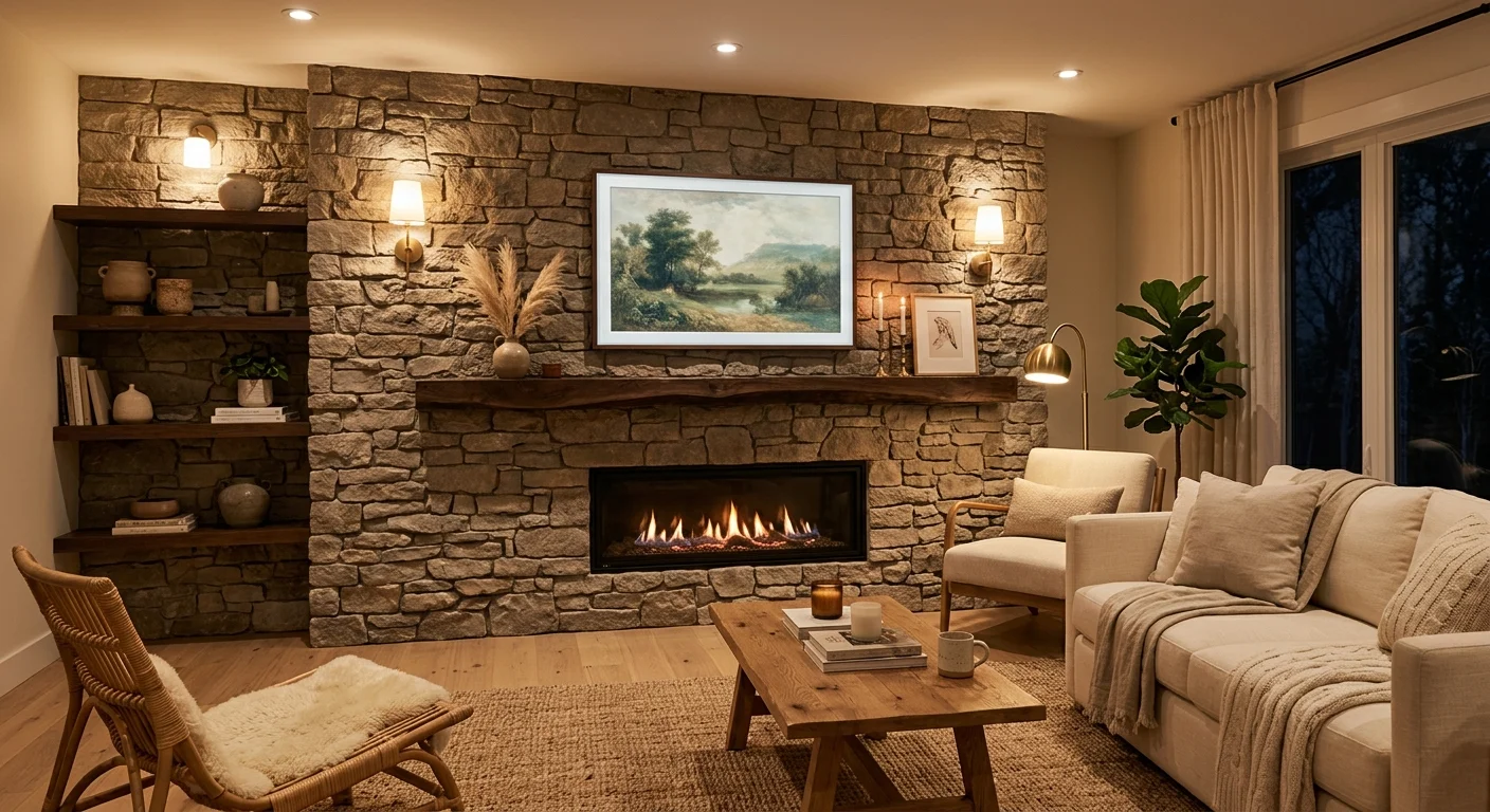 Stone-clad media wall with fireplace, mounted TV, warm lighting, and natural furniture.