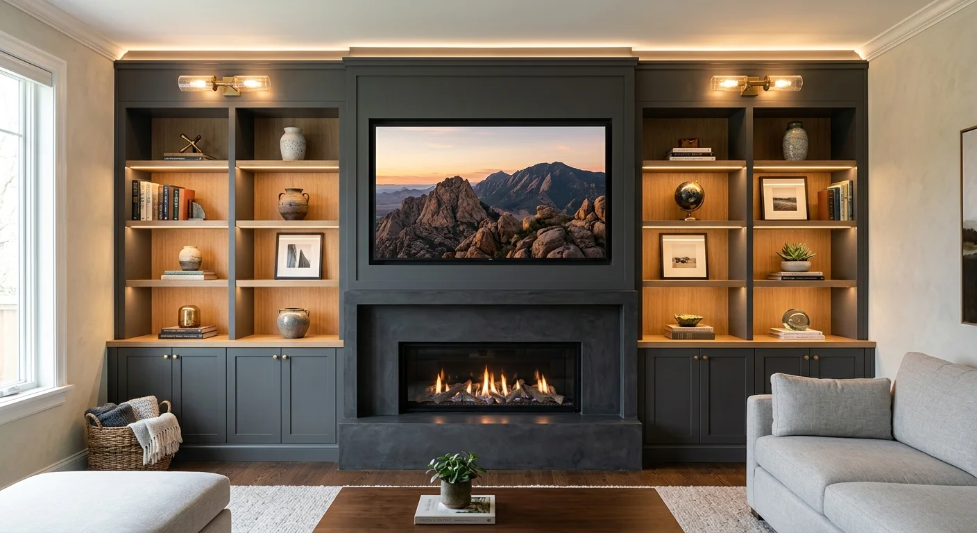 Symmetrical built-in media wall with central TV, matching shelving units, fireplace, and decorative lighting.