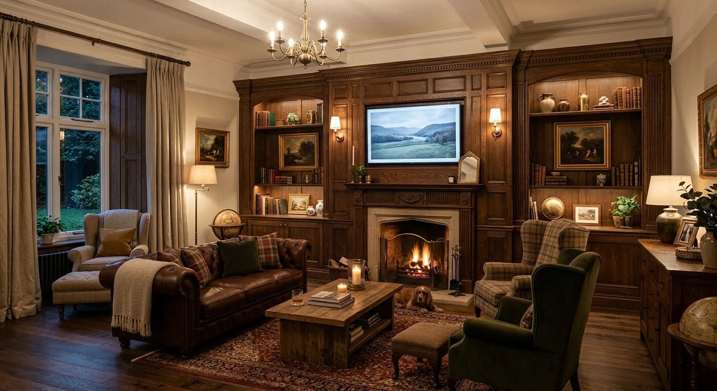 Traditional living room with panelled media wall, fireplace, mounted TV, and classic furniture.
