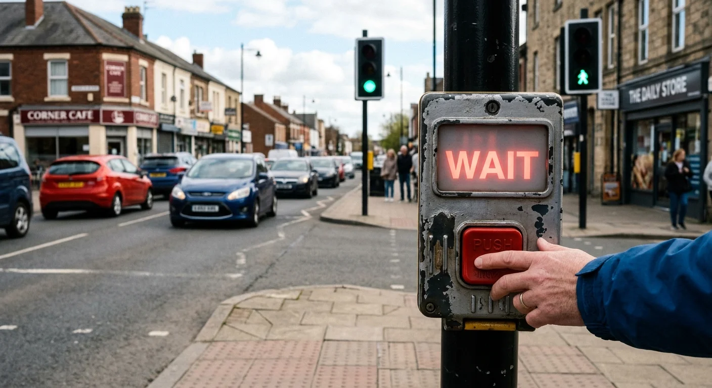 Traditional UK pelican crossing with push button and far-side green pedestrian signal.