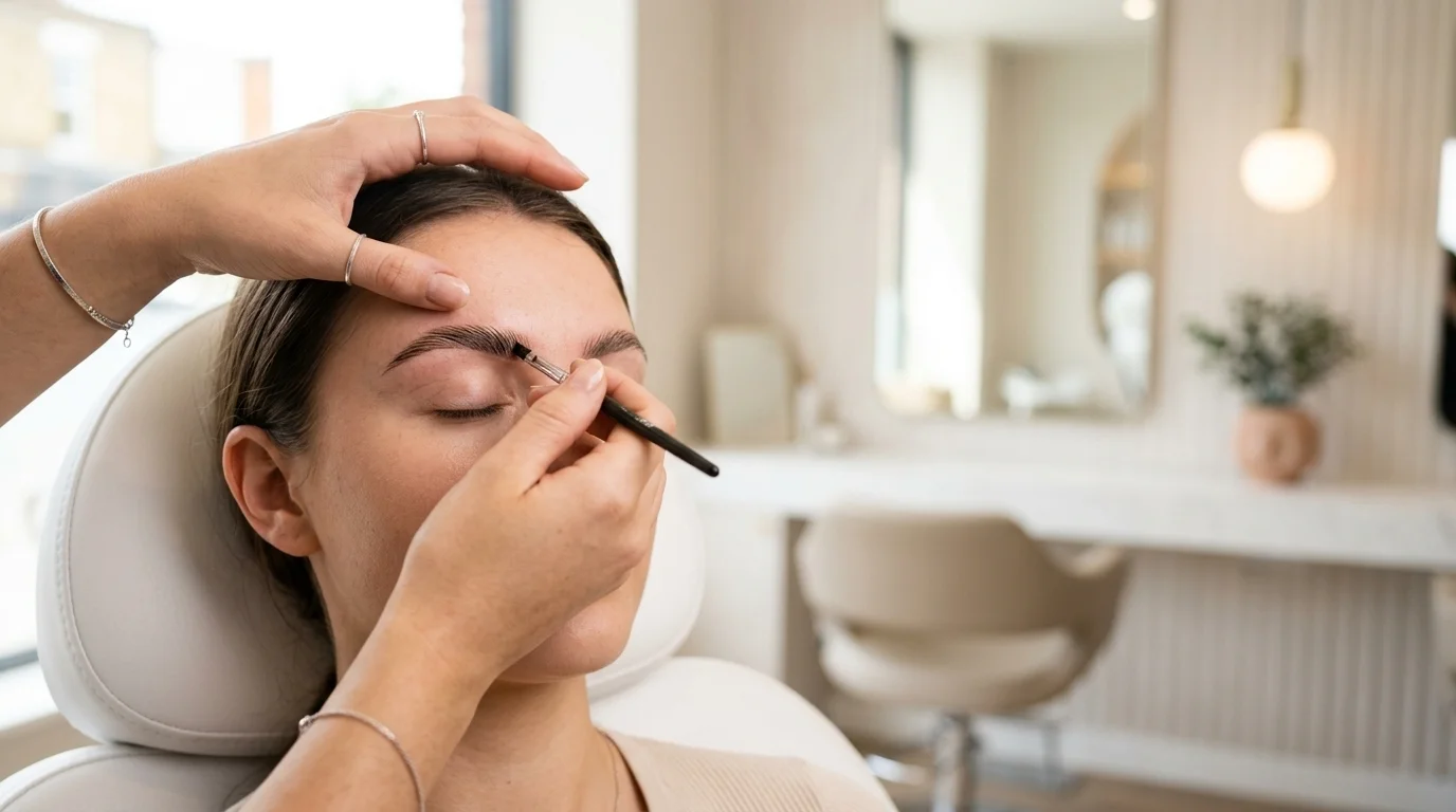What Are HD Brows? A close-up photograph focuses on a client’s eyebrow as a beauty professional applies dark brow tint with a fine-tipped brush. The client is relaxed with eyes closed, leaning back in a plush white salon chair. The stylist’s hands, adorned with delicate silver rings and a bracelet, are precise as they apply the product. The modern salon background is softly blurred with warm, neutral tones.