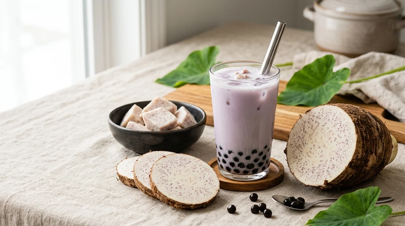 A glass of taro milk tea with boba is flanked by a cut taro root, slices, a bowl of cubed taro, and green leaves on a linen tablecloth near a window.