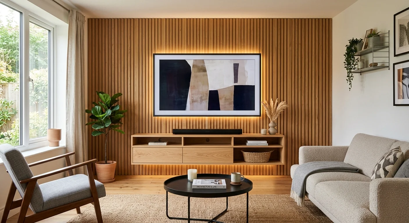 Warm oak wood slat media wall with mounted TV, floating cabinet, subtle LED lighting, and modern furniture.