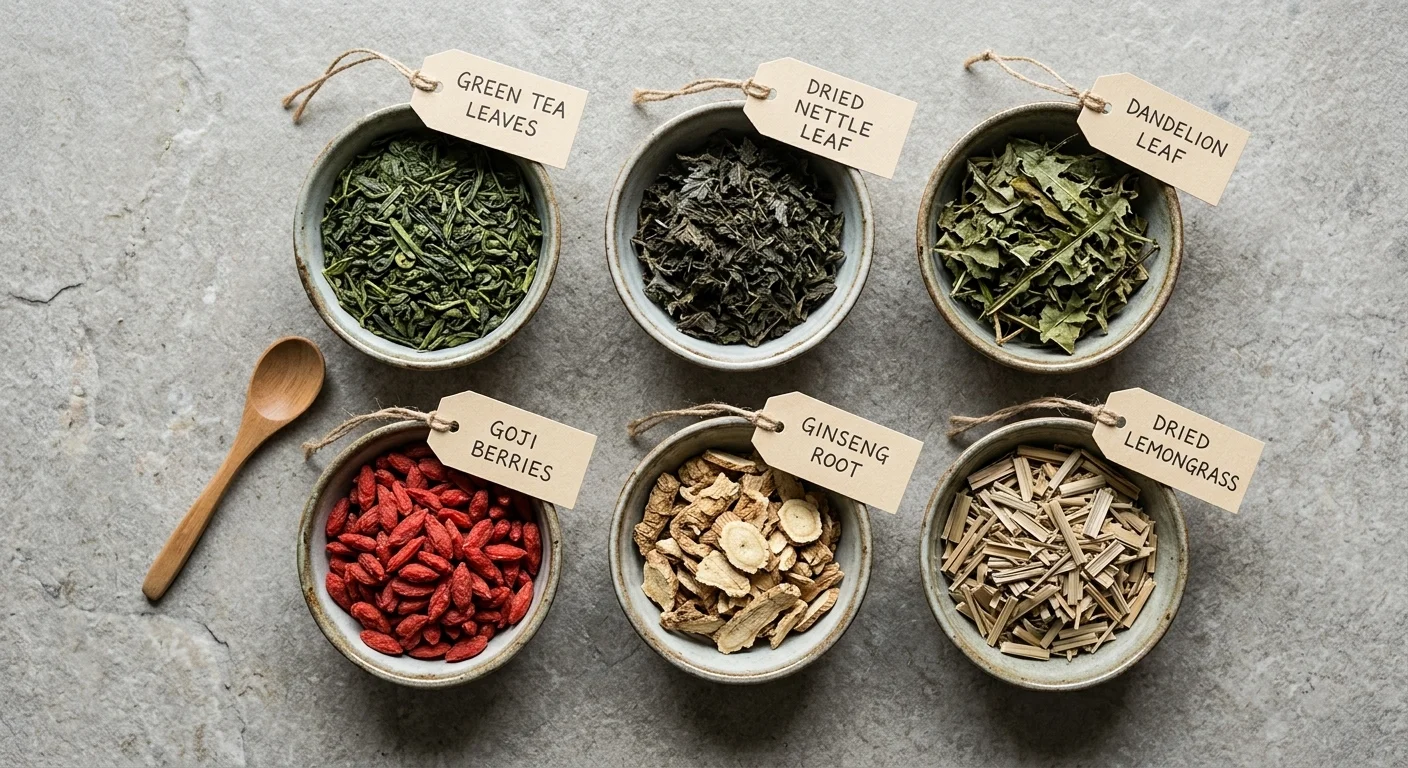A top-down photograph shows six ceramic bowls on a grey stone surface, containing green tea leaves, dried nettle, dried dandelion leaves, goji berries, ginseng root, and dried lemongrass, each with a handwritten label attached by a string. A wooden spoon lies to the left.