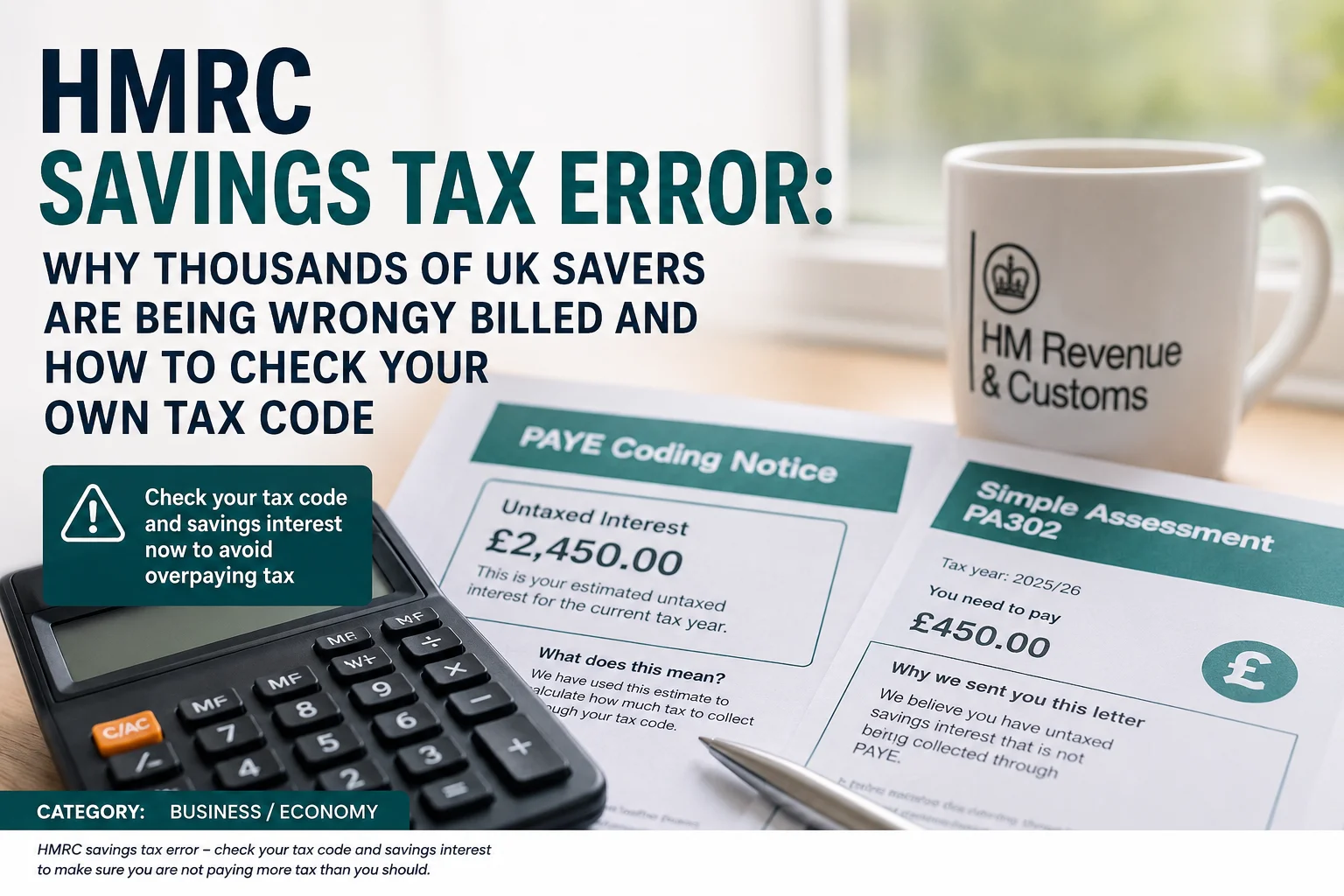 UK saver checking an HMRC tax code notice and savings interest figures for possible tax errors.