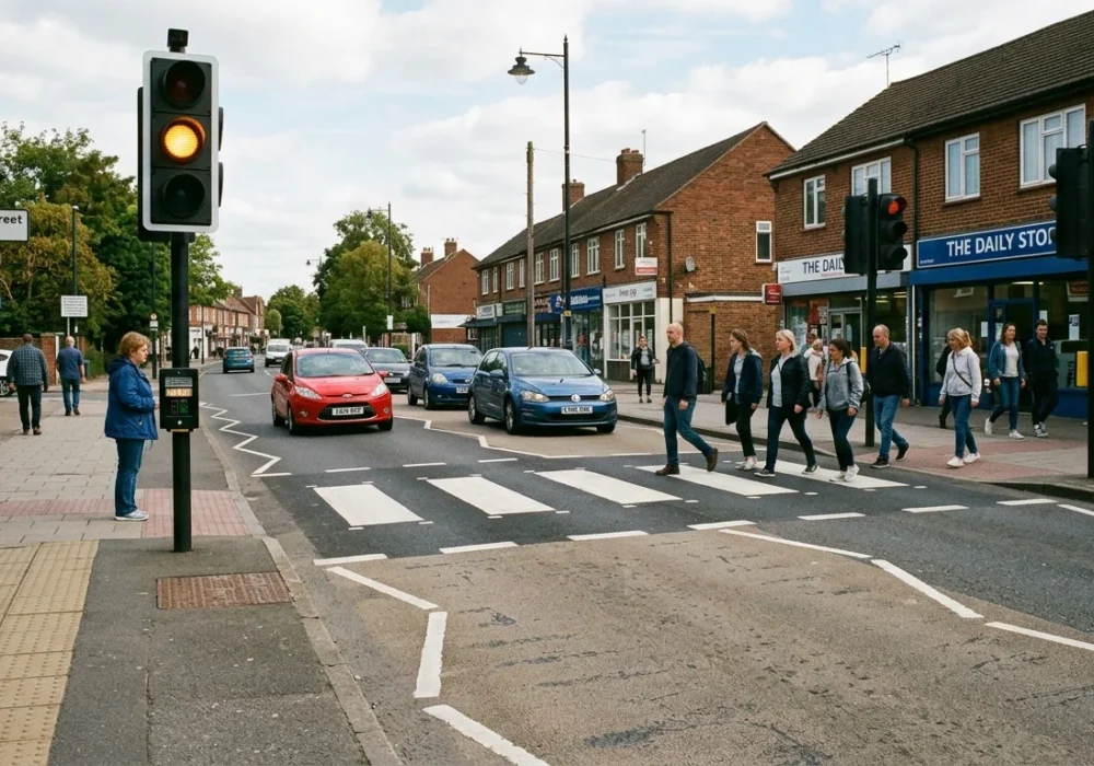 UK pelican crossing with amber traffic signal and pedestrian push button.