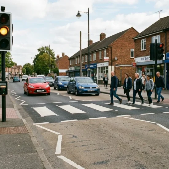 UK pelican crossing with amber traffic signal and pedestrian push button.