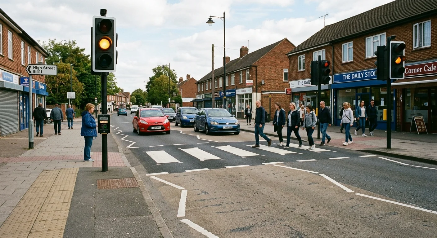 UK pelican crossing with amber traffic signal and pedestrian push button.