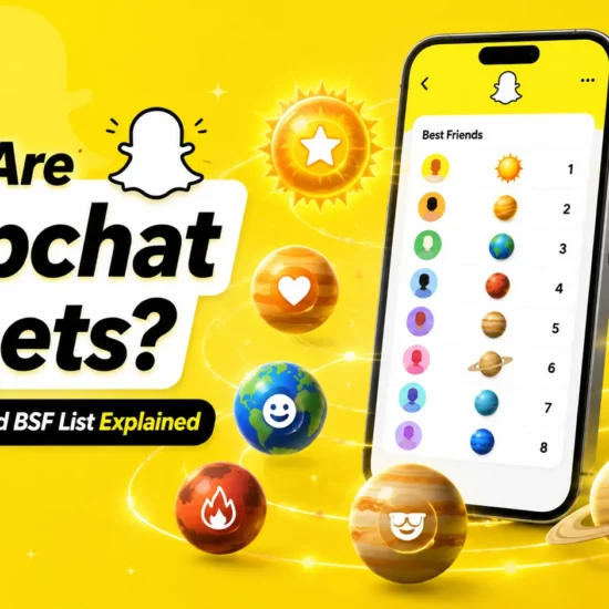 Snapchat Planets guide showing a smartphone with the Best Friends list and eight colorful planets representing Snapchat friendship rankings.