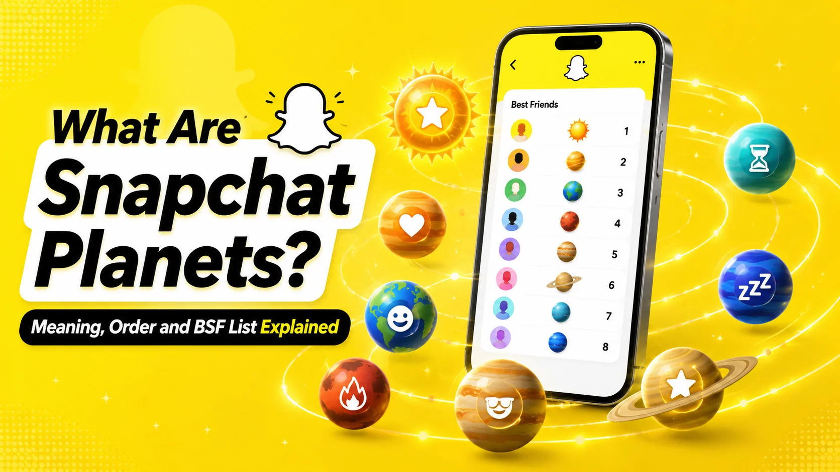 Snapchat Planets guide showing a smartphone with the Best Friends list and eight colorful planets representing Snapchat friendship rankings.