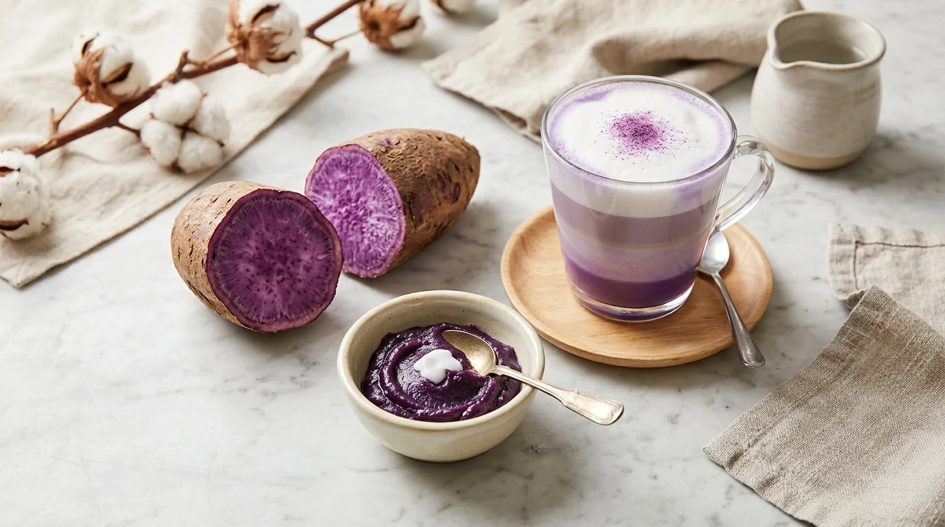 What is ube — halved purple yam beside a violet ube latte and bowl of ube halaya jam
