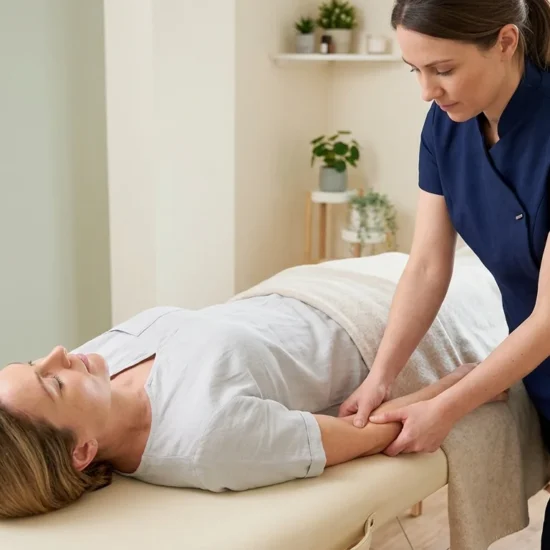Overview of the Bowen Session: It captures the essence of a Bowen Therapy session as a gentle, hands-on complementary therapy, establishing a calm, professional, and relaxing environment.