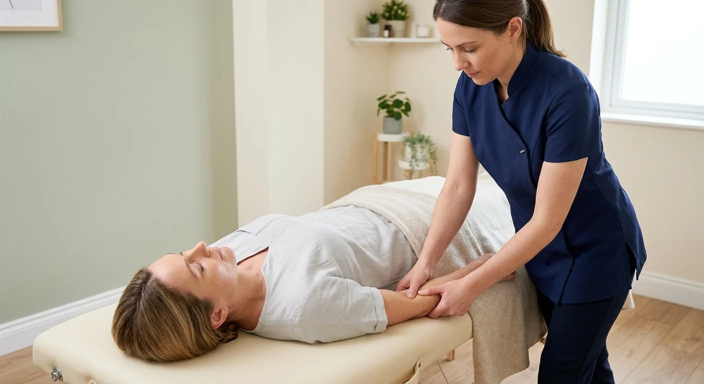 Overview of the Bowen Session: It captures the essence of a Bowen Therapy session as a gentle, hands-on complementary therapy, establishing a calm, professional, and relaxing environment.
