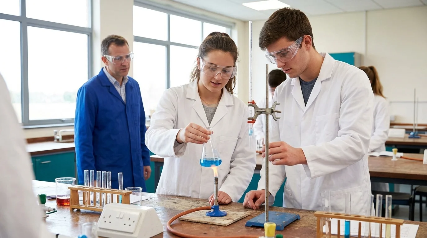 Two science students in a college laboratory classroom, wearing safety goggles and lab coats, working together at a bench with chemistry glassware and a Bunsen burner, an instructor observing in the background.