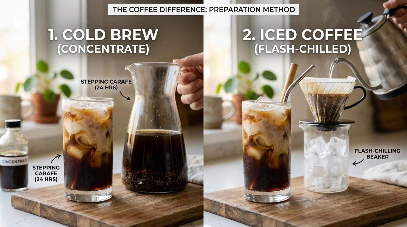 A split screen compares Cold Brew (left) and Iced Coffee (right) preparation. The left side shows a glass, a stepping carafe, and a small bottle of concentrate. The right side shows a glass, a pour-over setup with hot water being poured over ice, and a flash-chilling beaker.