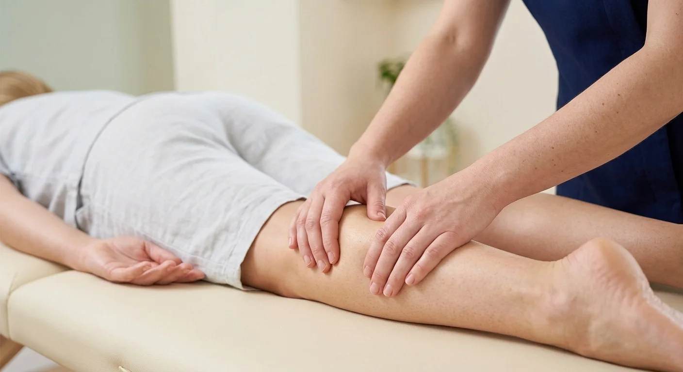A close-up view showing a Bowen practitioner’s hands applying a light, transverse rolling move over the fascia of a patient’s lower leg, illustrating the gentle soft-tissue technique.