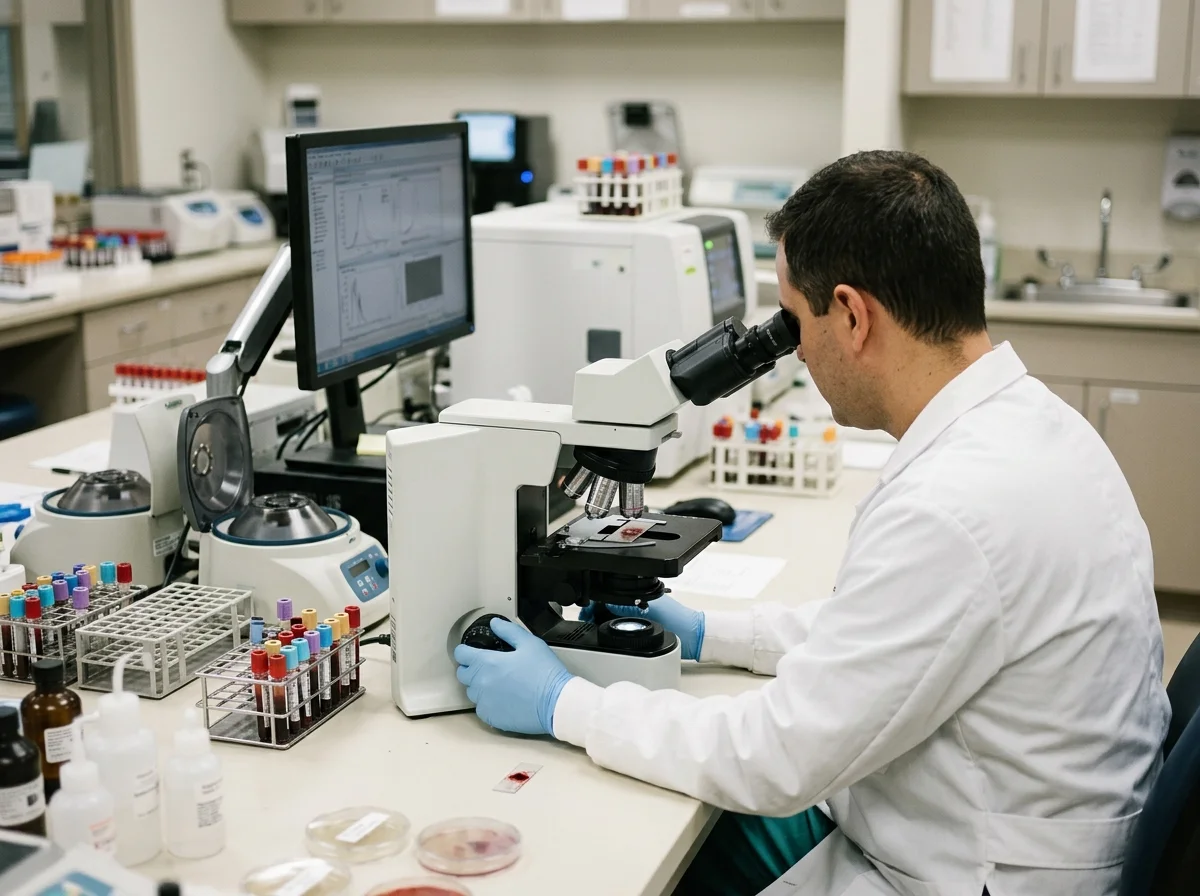 Laboratory technician in scrubs and a lab coat examining a blood sample under a microscope.