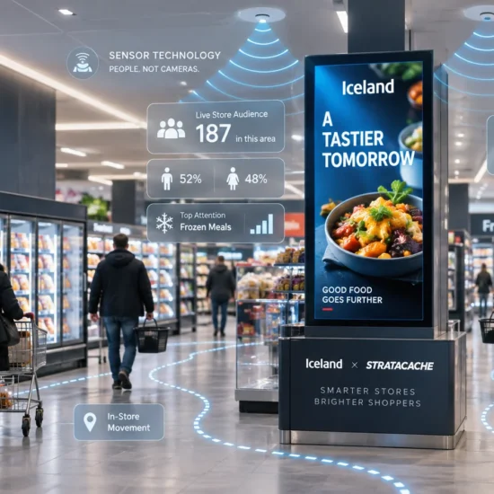Iceland supermarket using STRATACACHE sensor technology with digital screens and shopper analytics overlays in a modern UK retail environment.