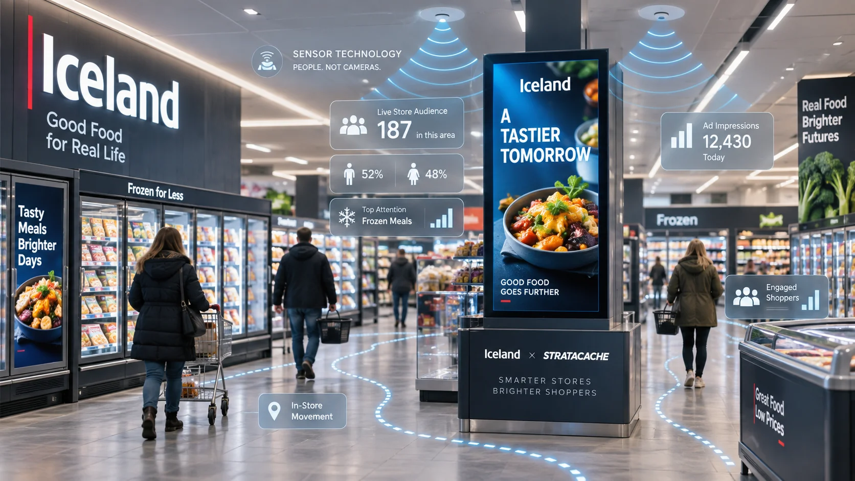 Iceland supermarket using STRATACACHE sensor technology with digital screens and shopper analytics overlays in a modern UK retail environment.