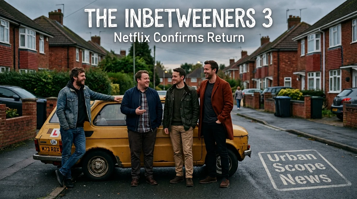 The Inbetweeners 3 Netflix return featuring four fictional friends beside a yellow vintage car in a British comedy movie style