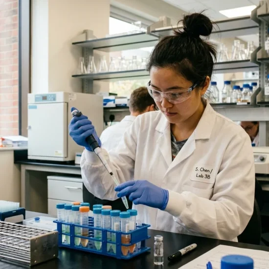 Young laboratory technician in a white lab coat and blue nitrile gloves, carefully pipetting a sample into a test tube rack in a modern, well-lit science laboratory.