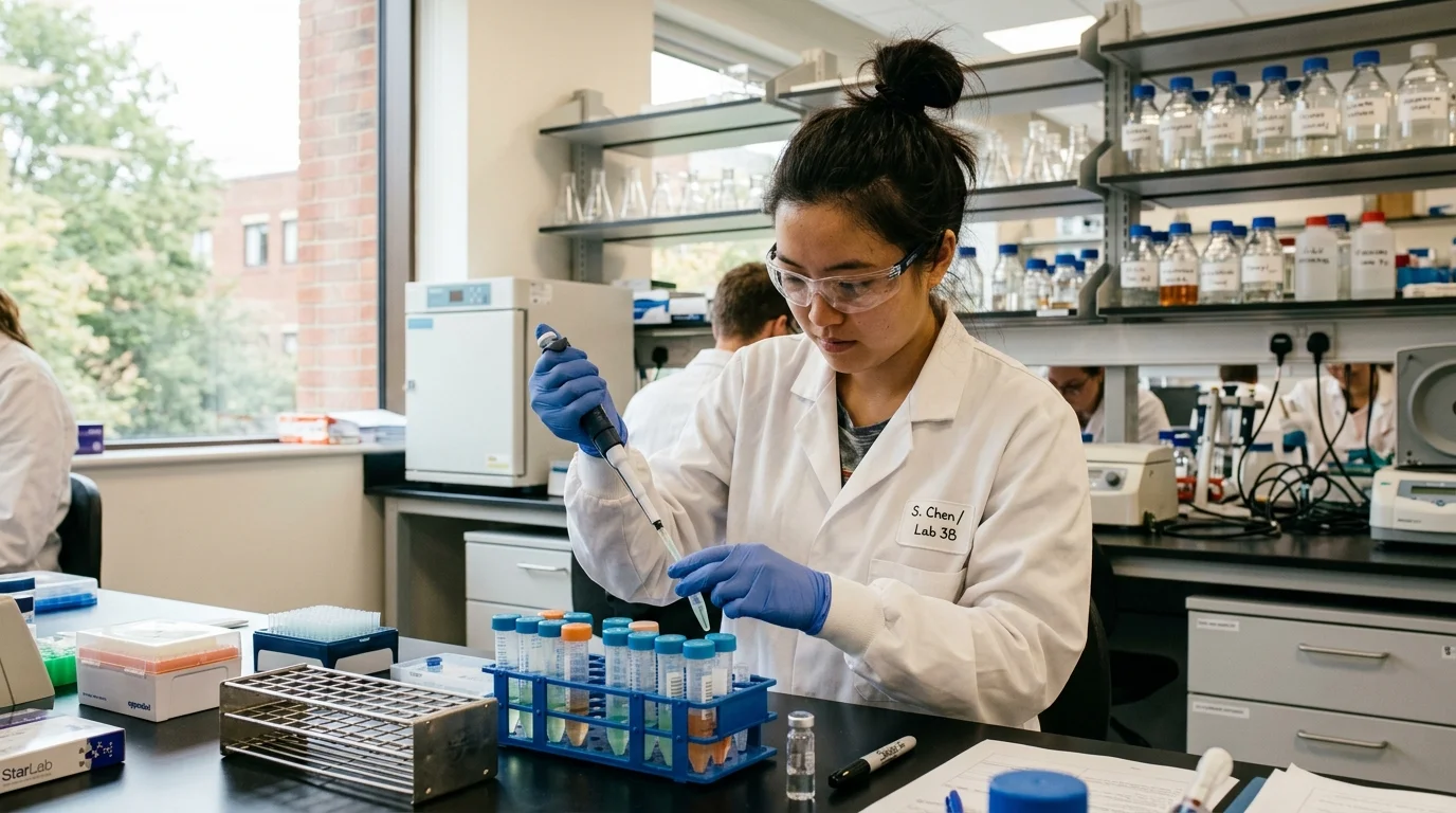 Young laboratory technician in a white lab coat and blue nitrile gloves, carefully pipetting a sample into a test tube rack in a modern, well-lit science laboratory.
