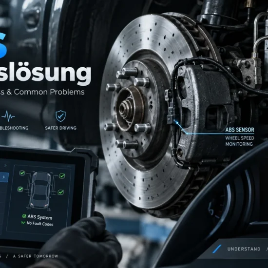 ABS Testauslösung diagnostic process showing a vehicle brake system, ABS sensor, hydraulic control unit, and automotive scan tool for ABS testing
