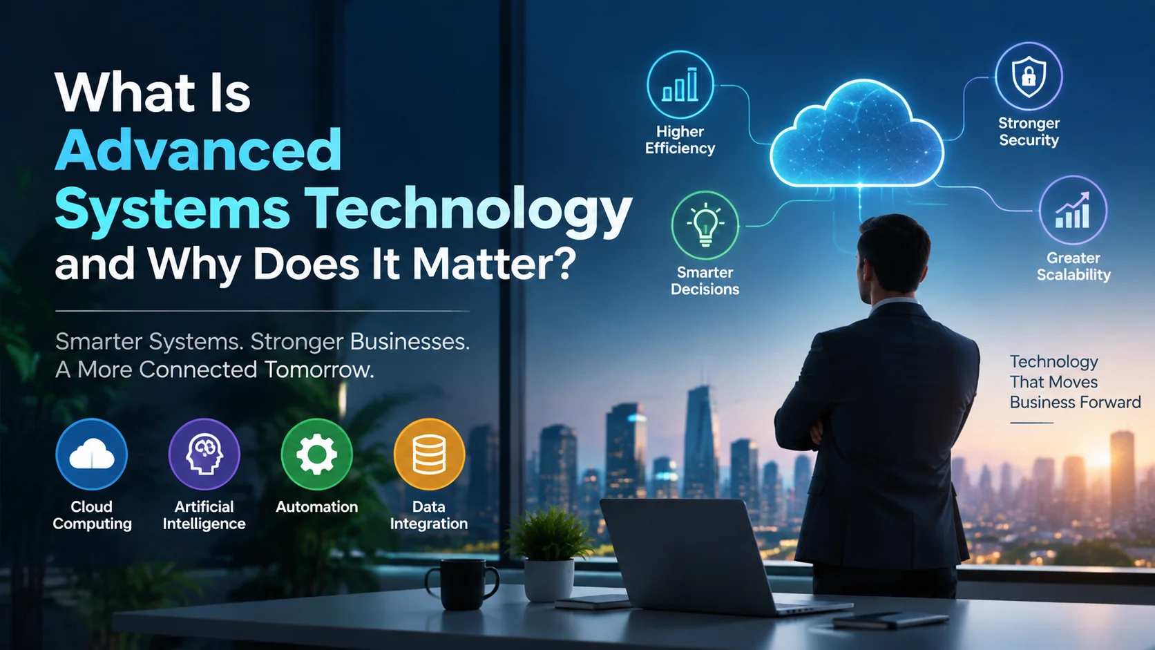 Advanced systems technology with AI, cloud computing, automation, and connected digital infrastructure driving smarter business operations