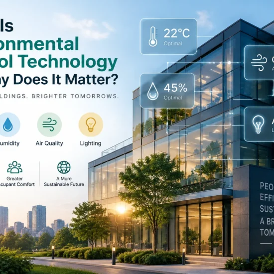 Environmental Control Technology system managing smart building temperature, humidity, air quality, and lighting through automated controls.