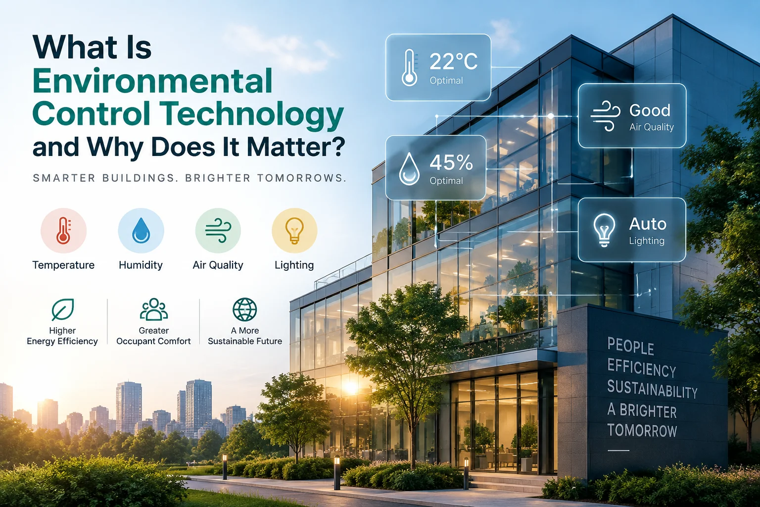 Environmental Control Technology system managing smart building temperature, humidity, air quality, and lighting through automated controls.
