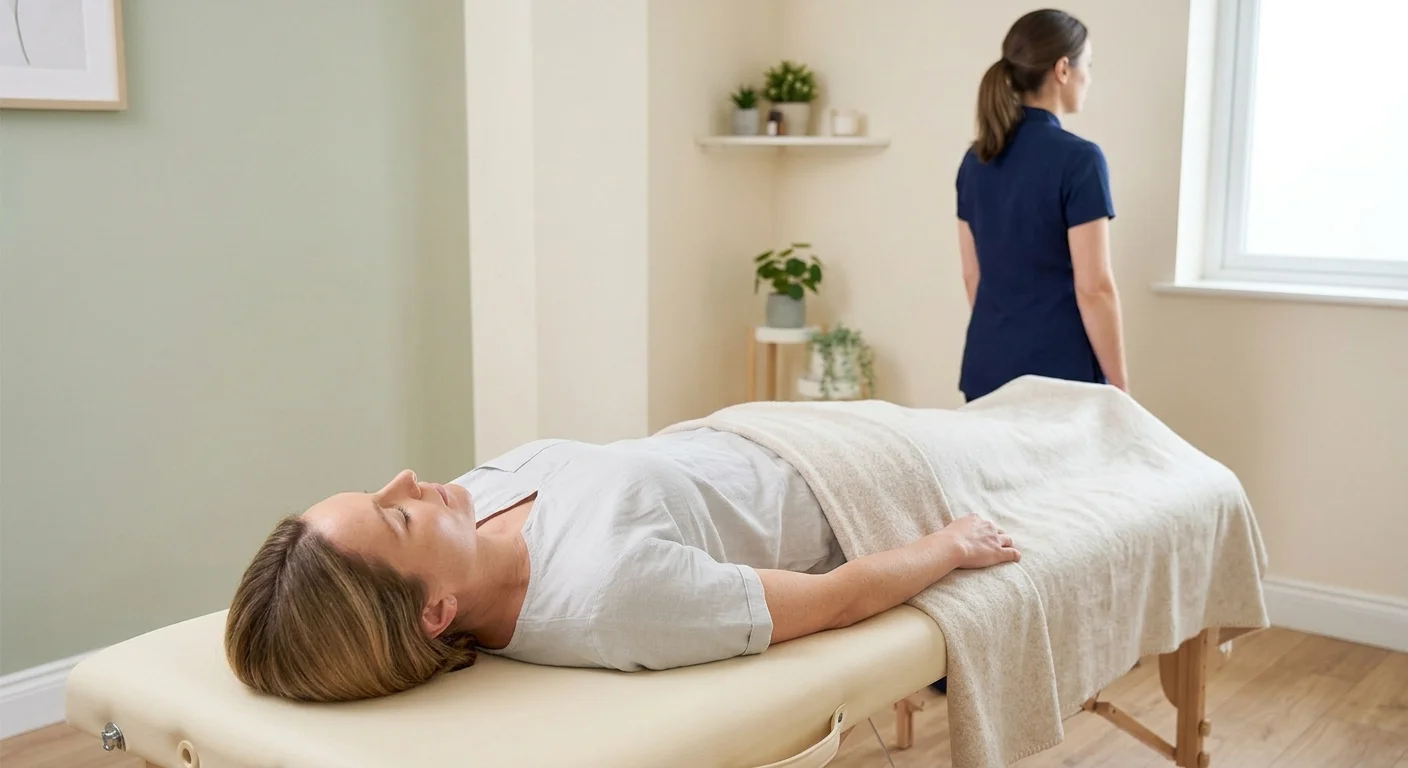 A quiet therapy room scene where the Bowen practitioner has stepped completely away from the treatment couch, allowing the patient to rest undisturbed during an intentional pause in the session.