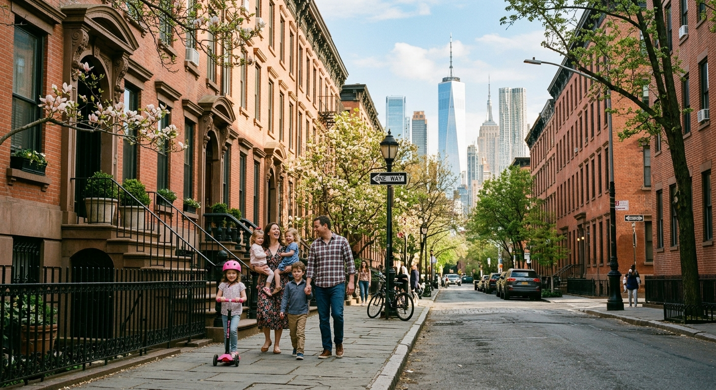 A family walks down a tree-lined, historic NYC brownstone street with the Manhattan skyline, including the Empire State Building, rising at the end of the block.