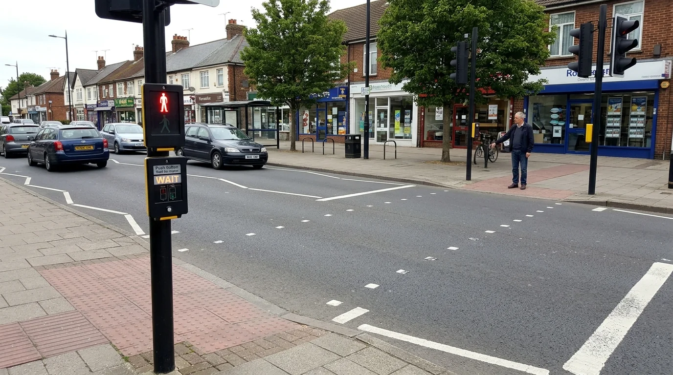 UK puffin crossing with near-side pedestrian signal above the push button.