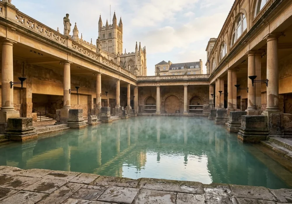 The Great Bath at the Roman Baths in Bath, England, with steam rising off the water