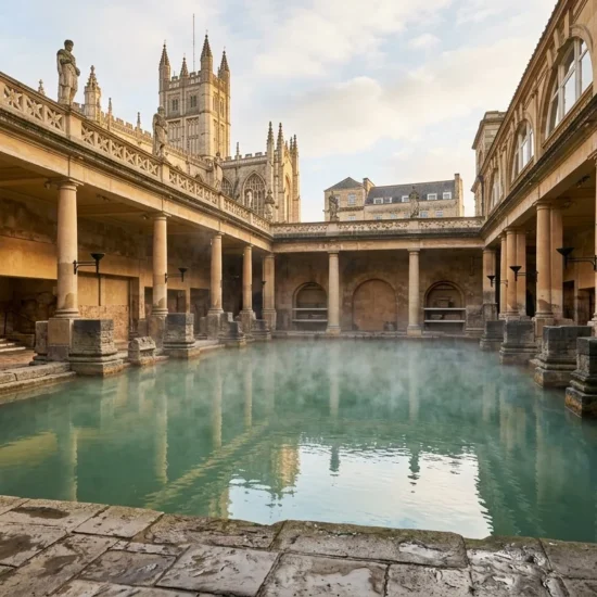The Great Bath at the Roman Baths in Bath, England, with steam rising off the water