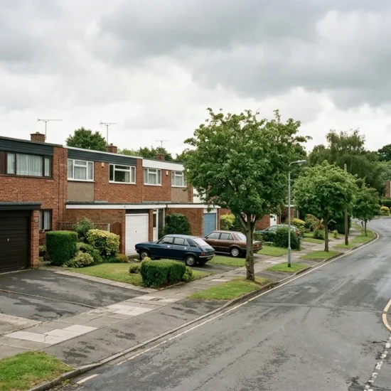 New Town housing estate street in Warrington with terraced homes, integral garages and footpaths separating houses from the road