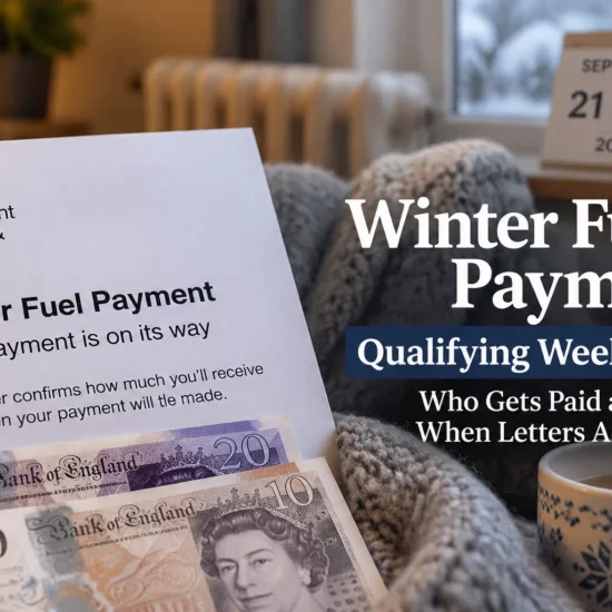 Winter Fuel Payment 2026 letter beside British pound notes, a warm winter home setting, and a calendar showing the September 21–27 qualifying week for eligible UK pensioners.