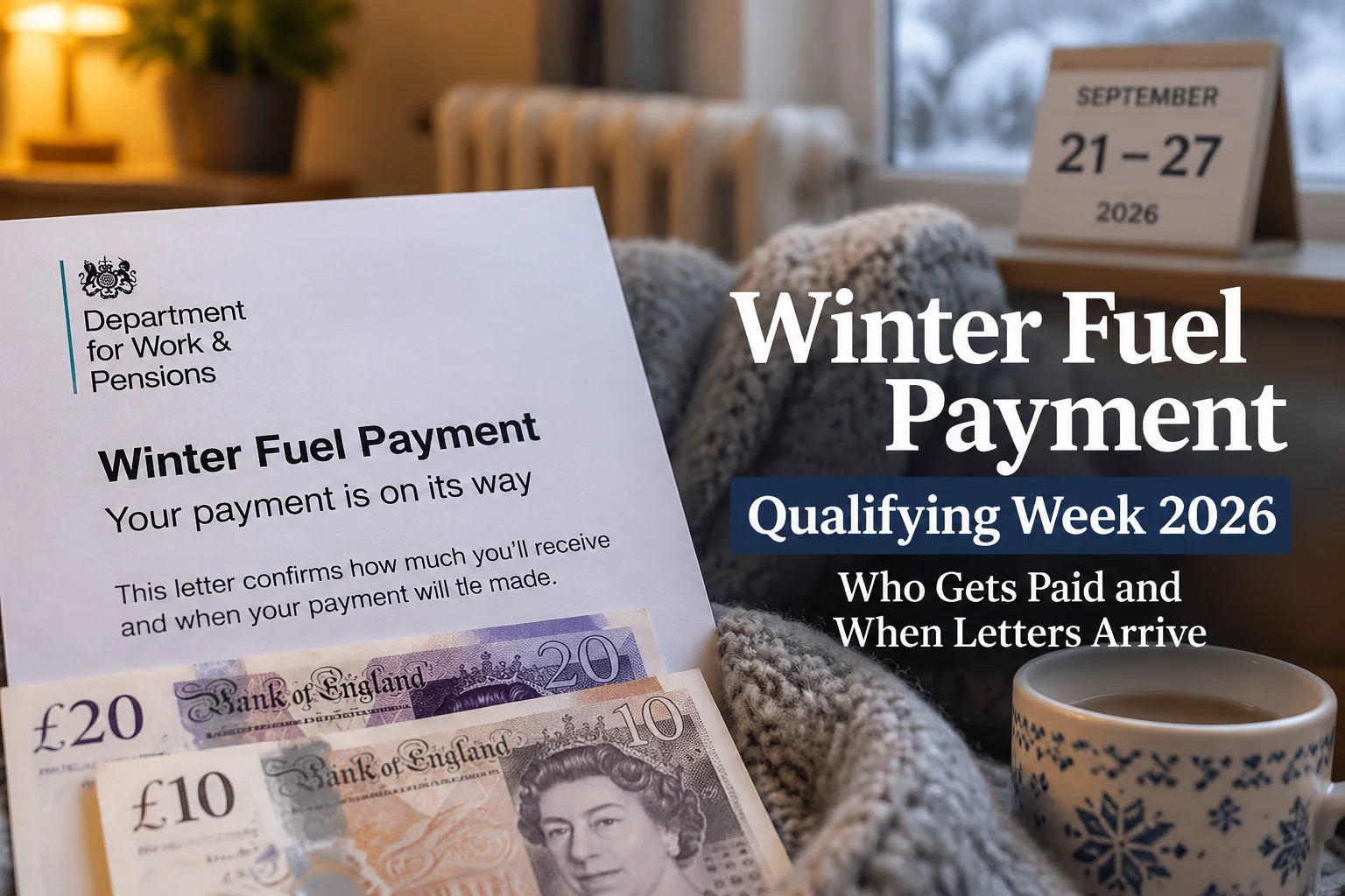 Winter Fuel Payment 2026 letter beside British pound notes, a warm winter home setting, and a calendar showing the September 21–27 qualifying week for eligible UK pensioners.