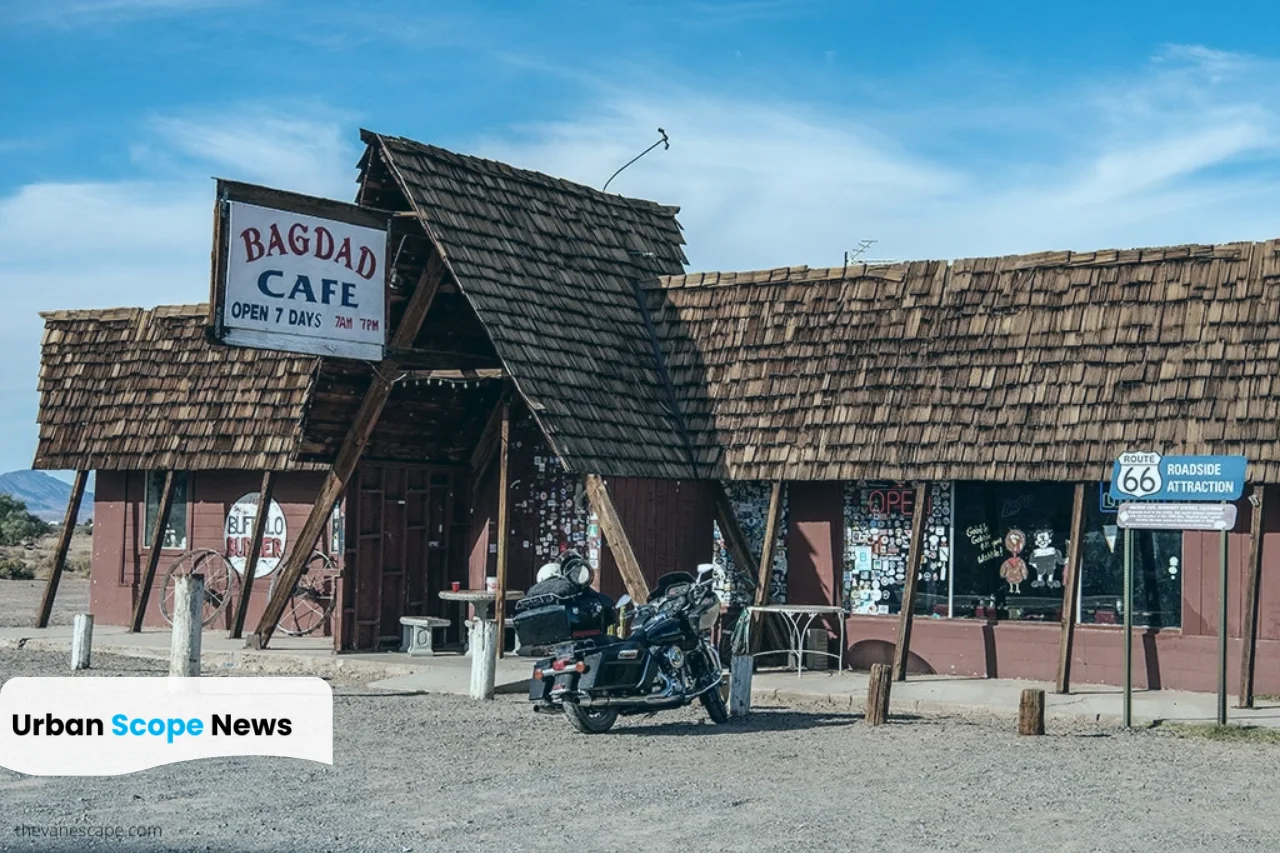A roadside café on Route 66 in the Mojave Desert, the kind of setting used in Bagdad Cafe