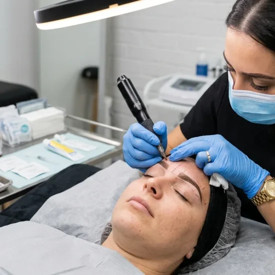 Ombre brows treatment being applied by a technician