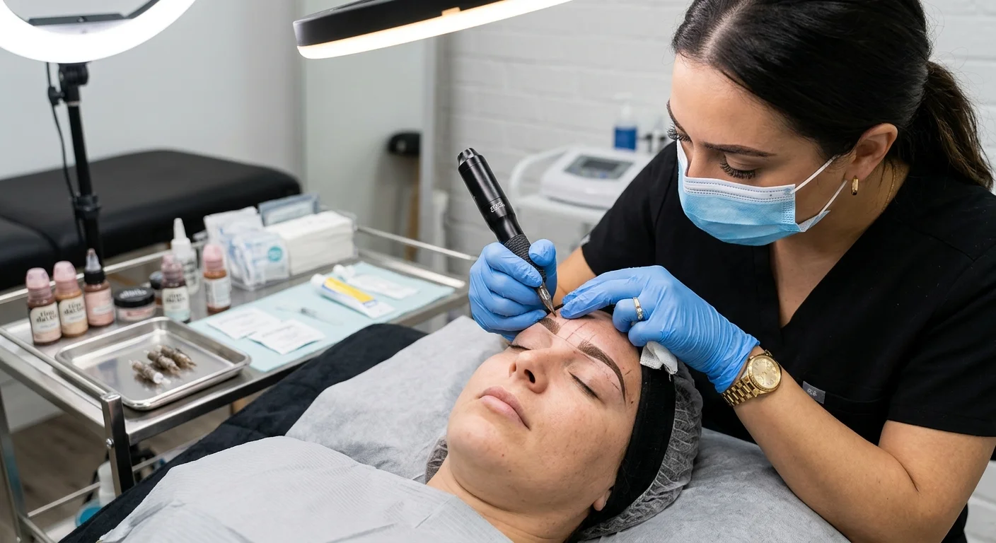 Ombre brows treatment being applied by a technician