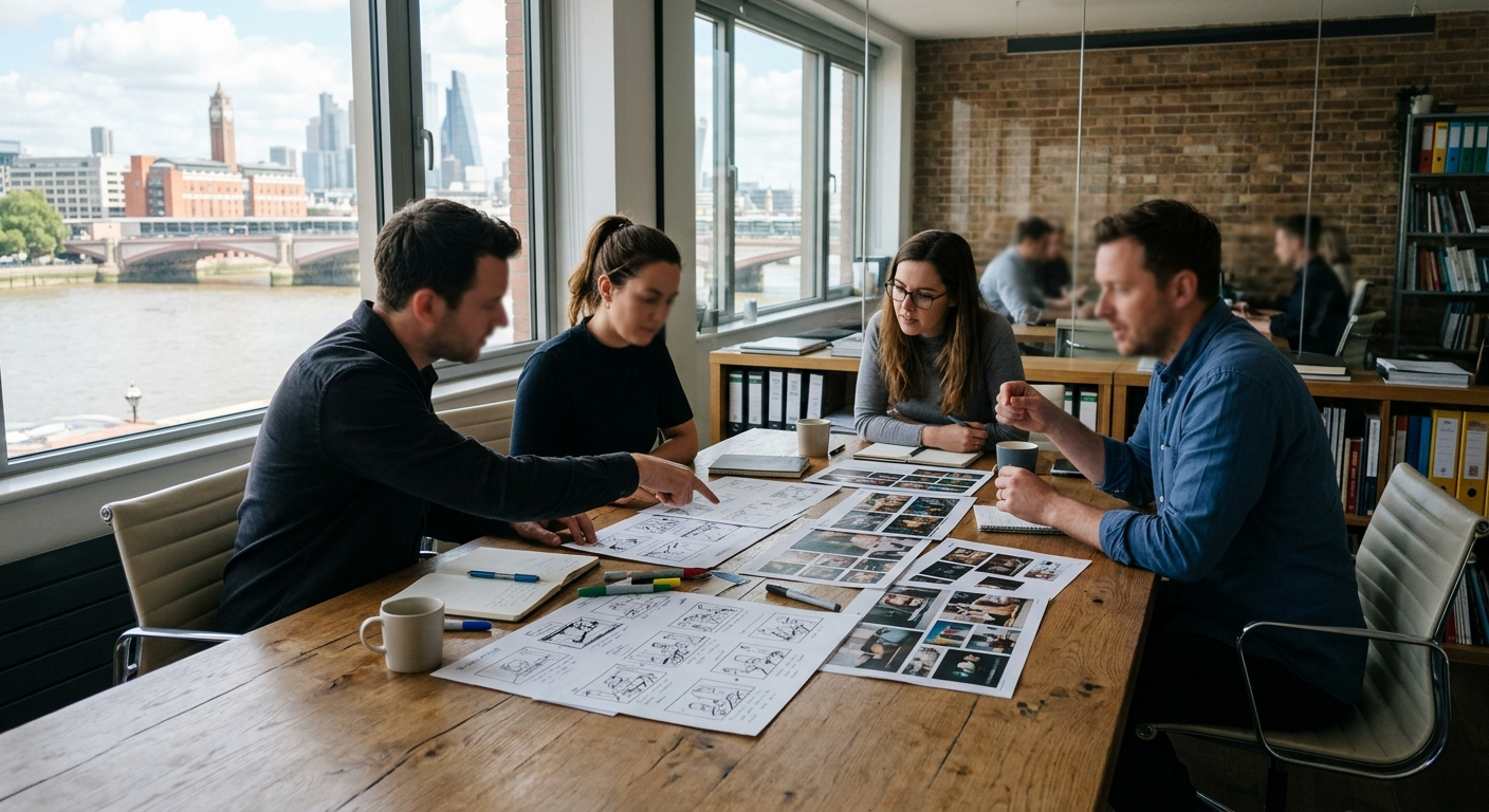 Advertising agency team reviewing campaign storyboards around a meeting table