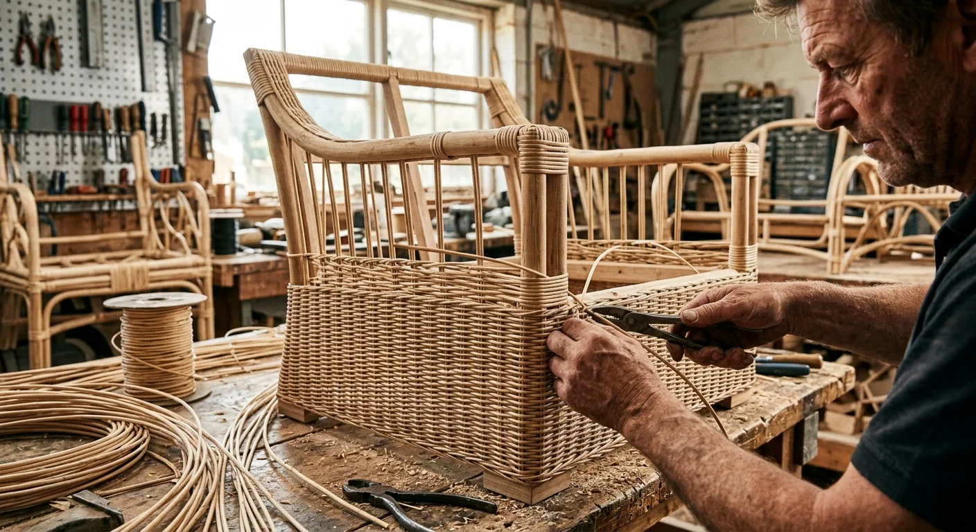 Craftsman hand-weaving a rattan chair frame