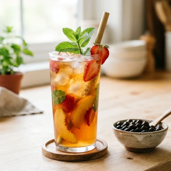 Babeltee-inspired iced tea with fresh fruit, mint and optional toppings
