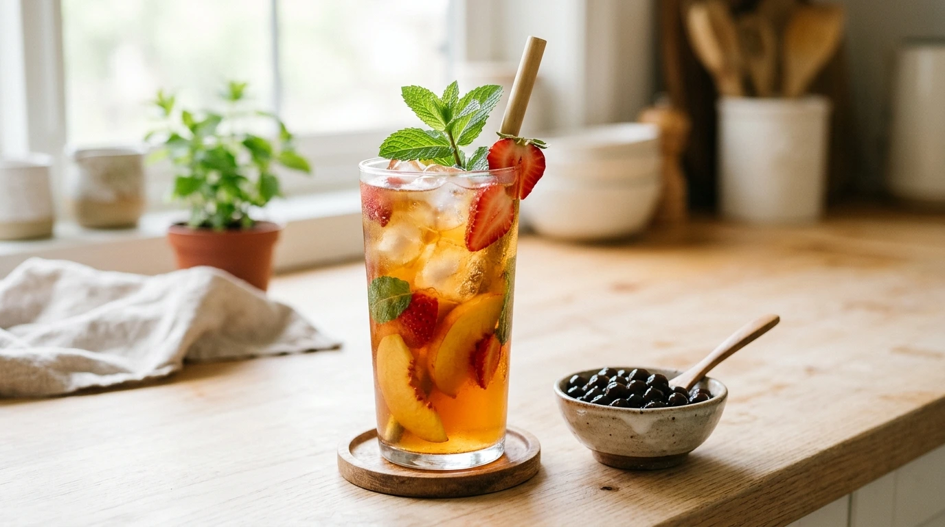 Babeltee-inspired iced tea with fresh fruit, mint and optional toppings