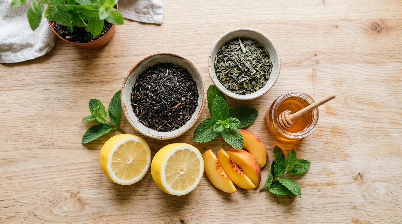 Black tea, green tea, lemon, peach slices and fresh mint arranged on a kitchen worktop
