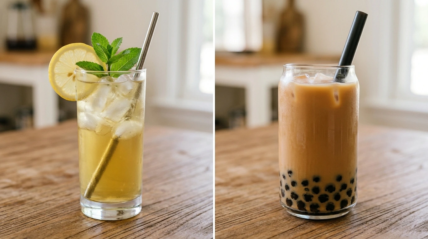 A glass of iced fruit tea beside a glass of milk tea with tapioca pearls on a wooden table
